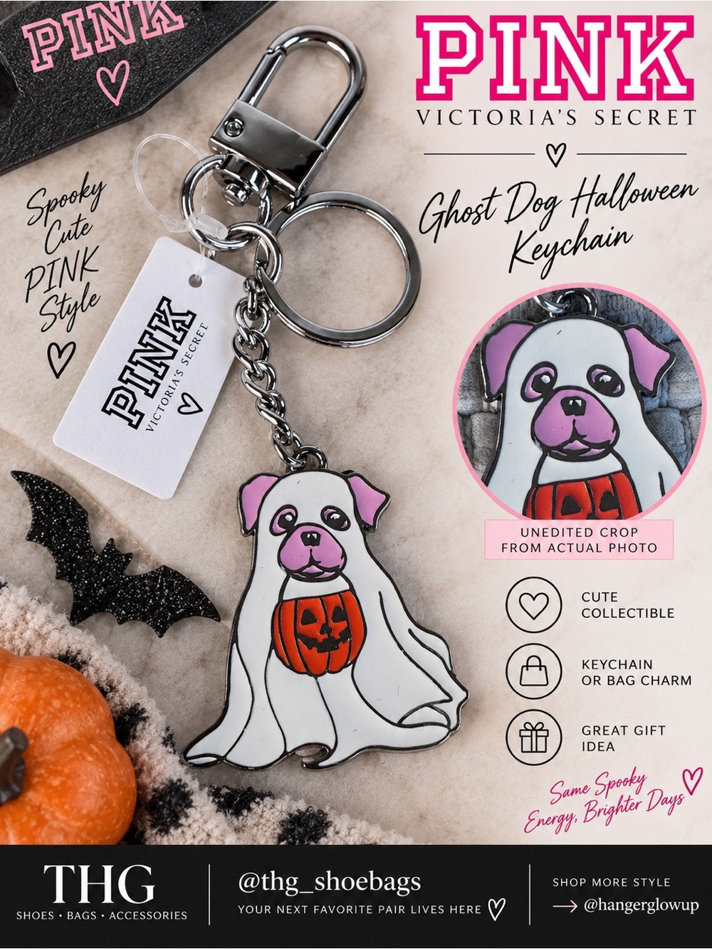 PINK Victoria’s Secret Halloween Ghost Dog Pumpkin Bag Charm Keychain NWT